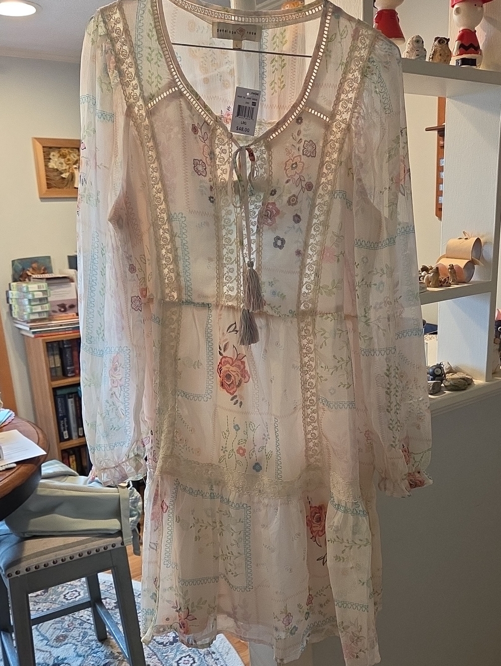 Boho-Inspired Floral Tie-Neck Sheer Dress - Blush Floral